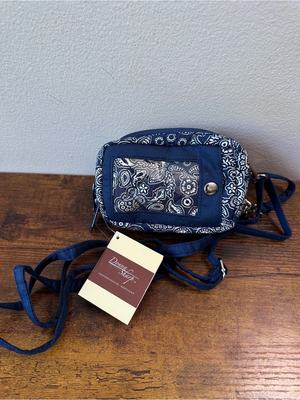 Donna Sharp Quilted Cell Phone Crossbody Bag Wallet Navy Paisley ID Window NWT